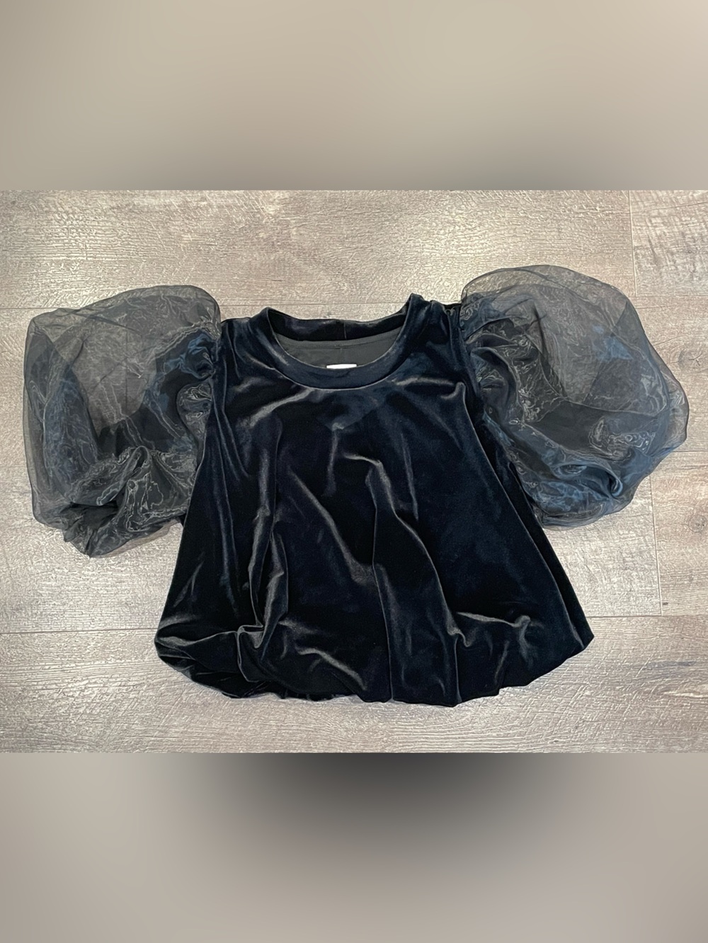 Anthropologie Maeve Women’s Black Velvet Bubble Tee with Sheer Puff Sleeves XS